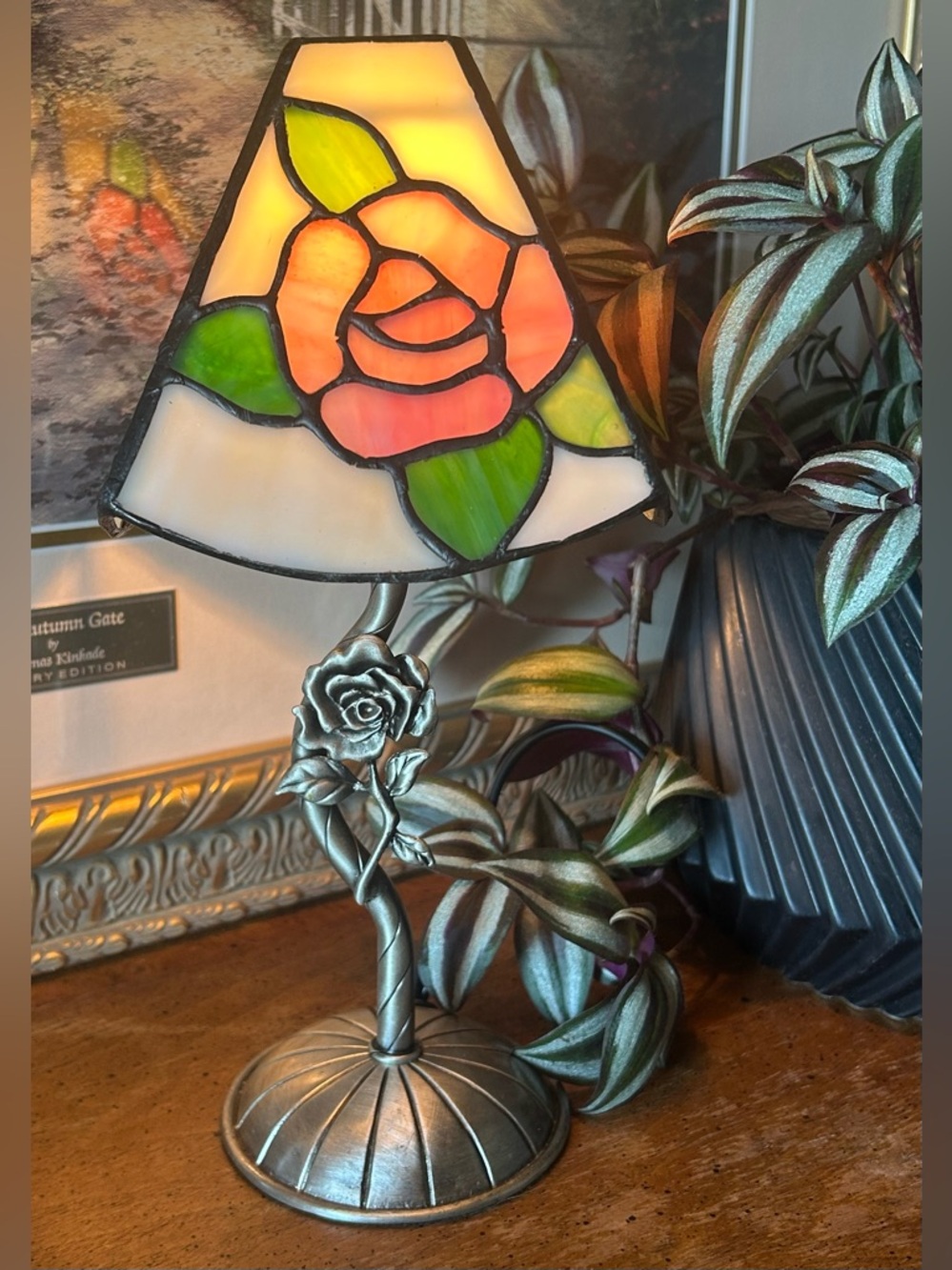 Stained Glass Rose Table Lamp - White, Pink & Green